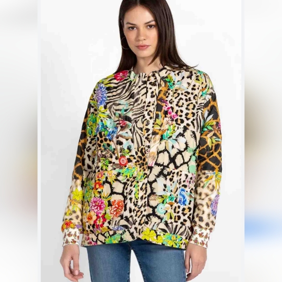 Johnny Was Multicolor Floral and Animal Print Silk Shacket - Picture 2 of 9